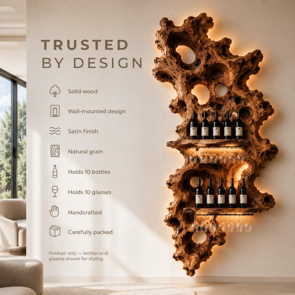 Solid Wood Wall Wine Rack with Glass Holder - Root Form - product image 09