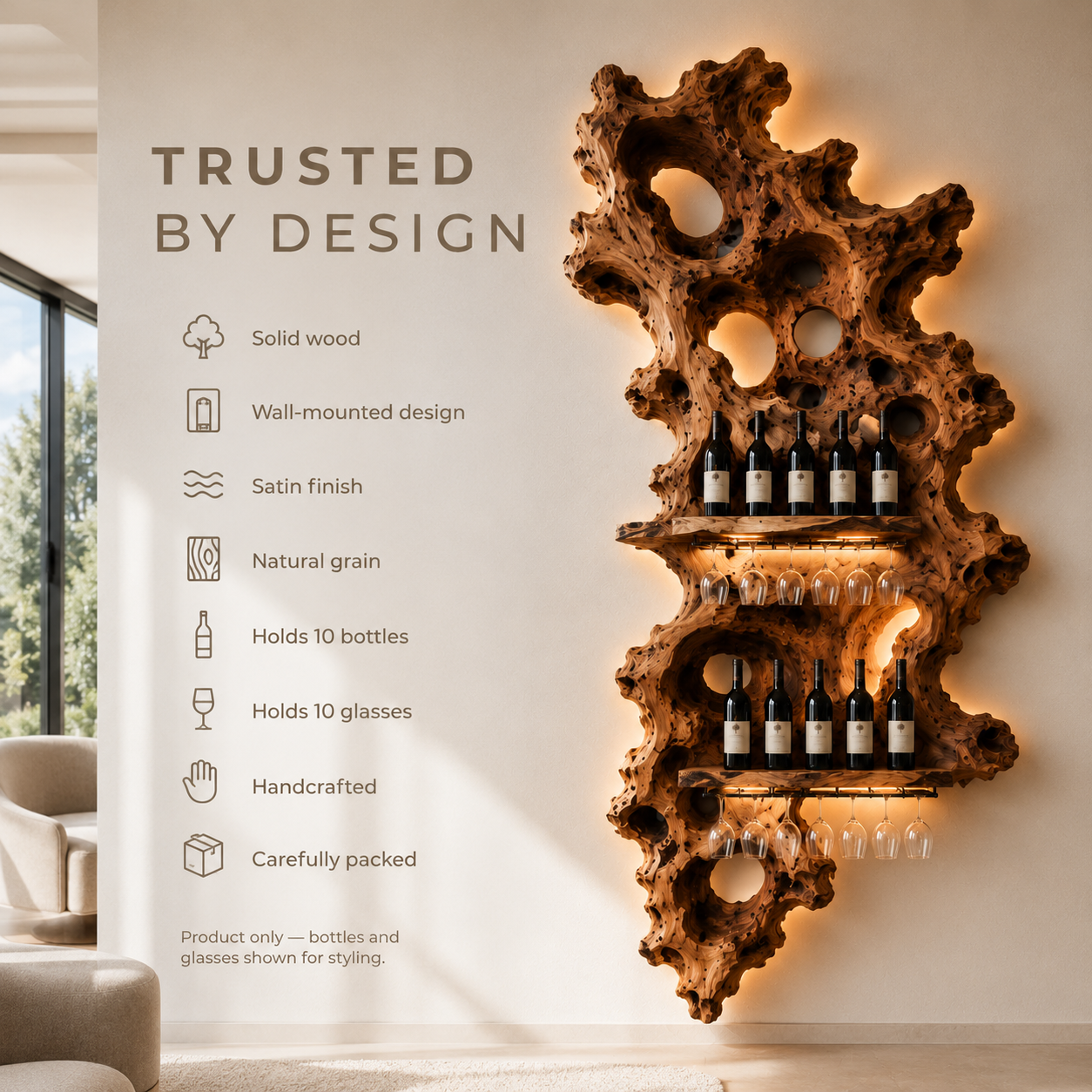 Solid Wood Wall Wine Rack with Glass Holder - Root Form - product image 09