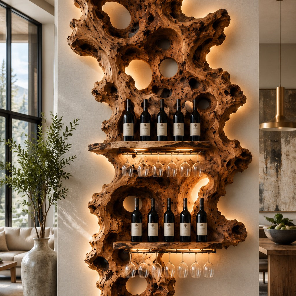 Solid Wood Wall Wine Rack with Glass Holder - Root Form - Design 206 - square cover image
