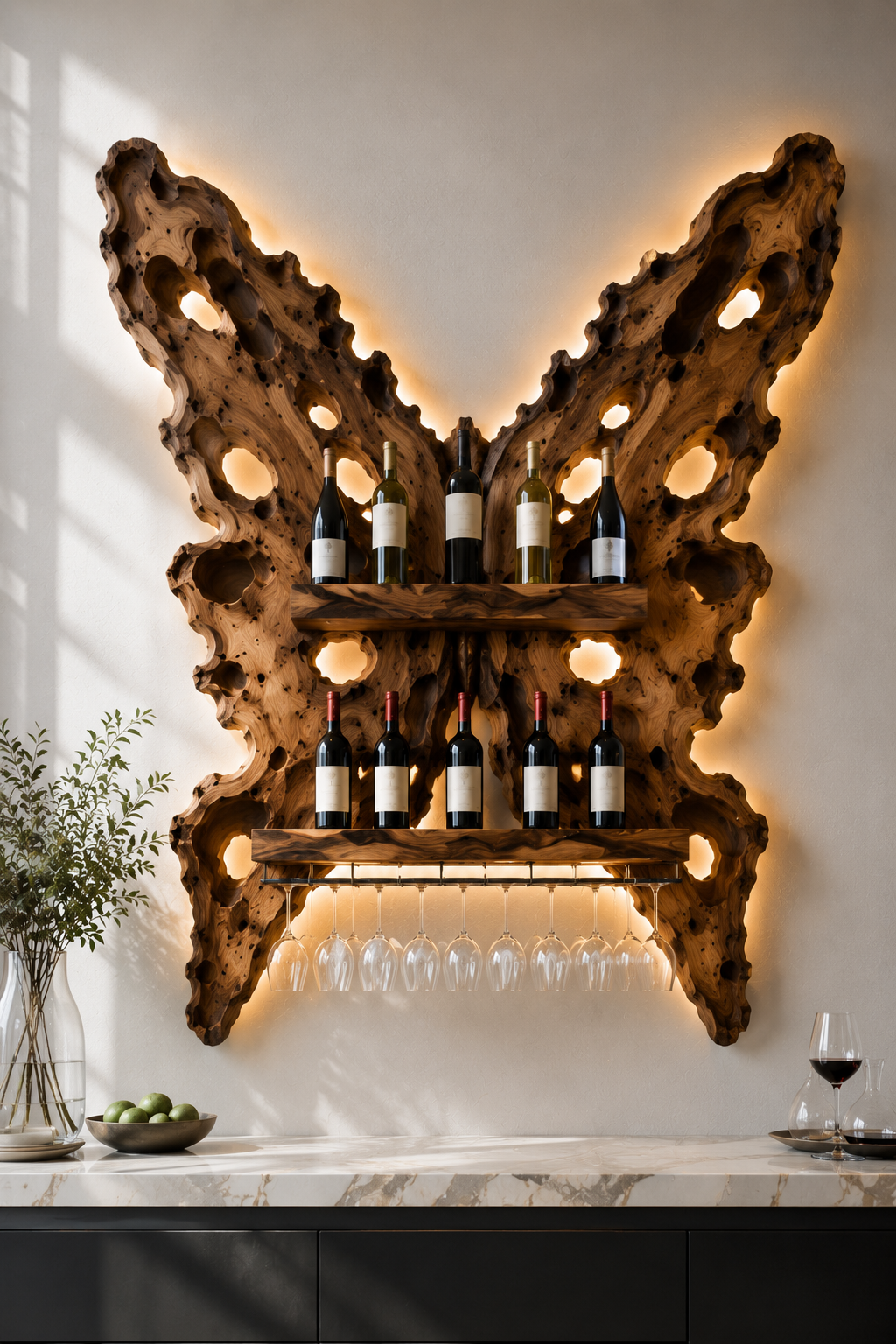 Solid Wood Wall Wine Rack with Glass Holder - Crescent Wall - main view