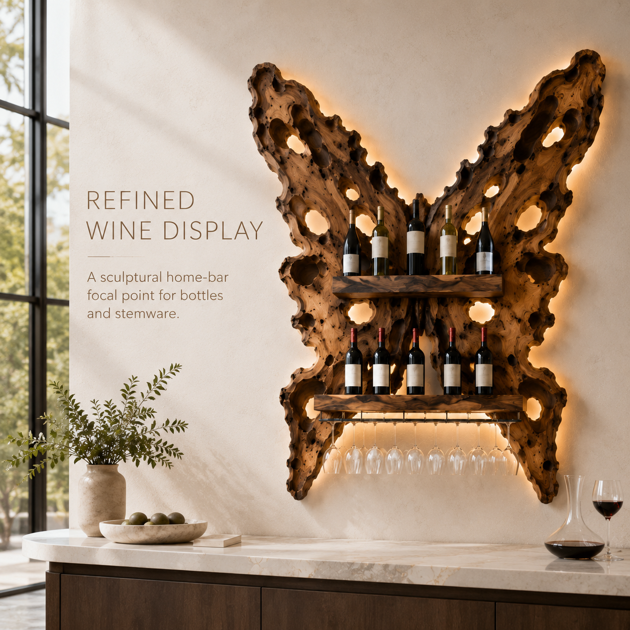 Solid Wood Wall Wine Rack with Glass Holder - Crescent Wall - product image 02