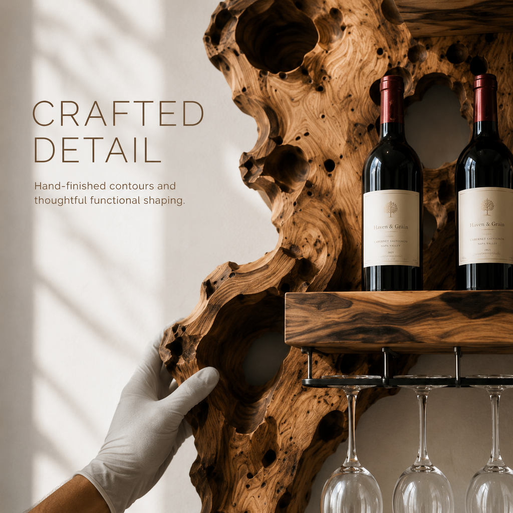 Solid Wood Wall Wine Rack with Glass Holder - Crescent Wall - product image 06