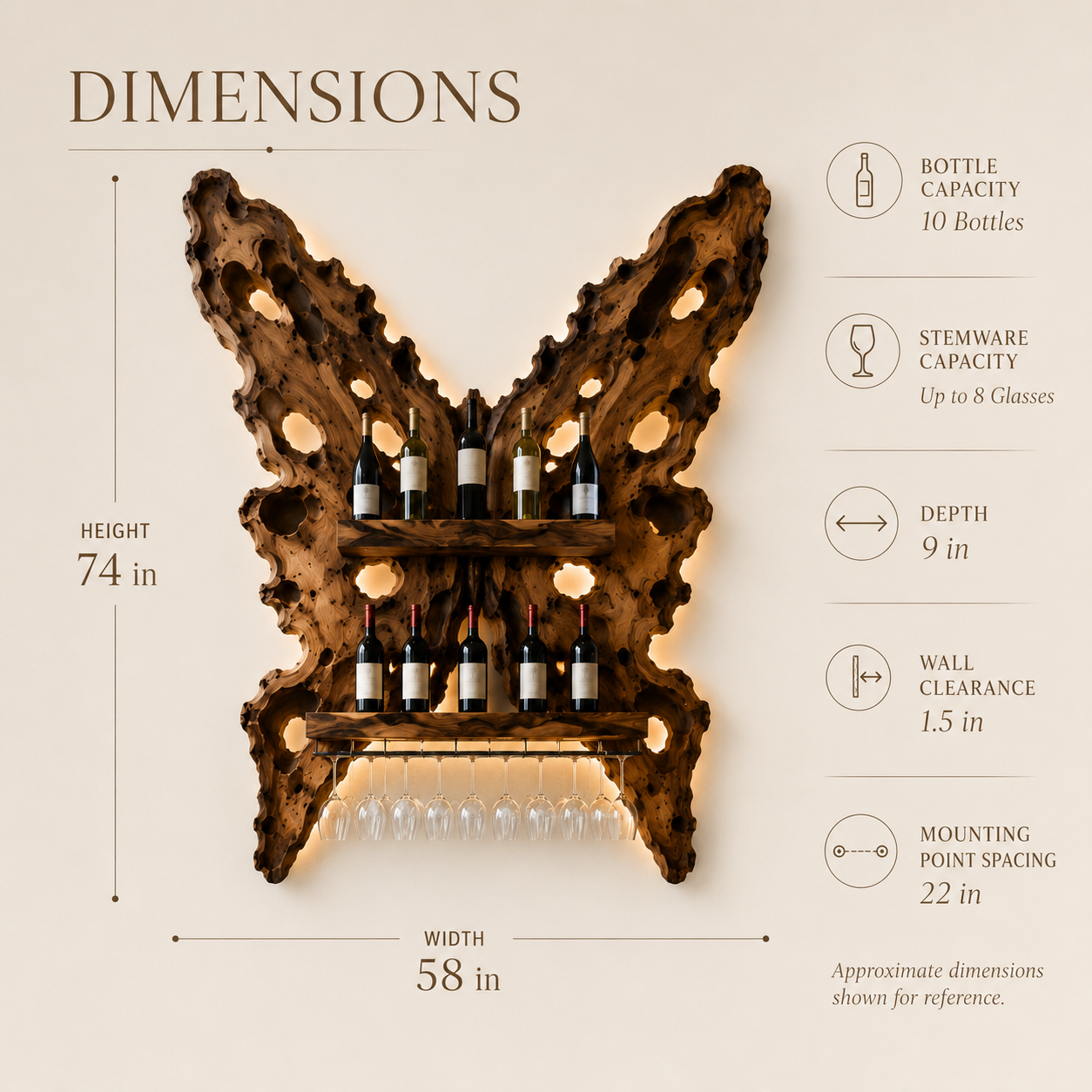 Solid Wood Wall Wine Rack with Glass Holder - Crescent Wall - product image 08