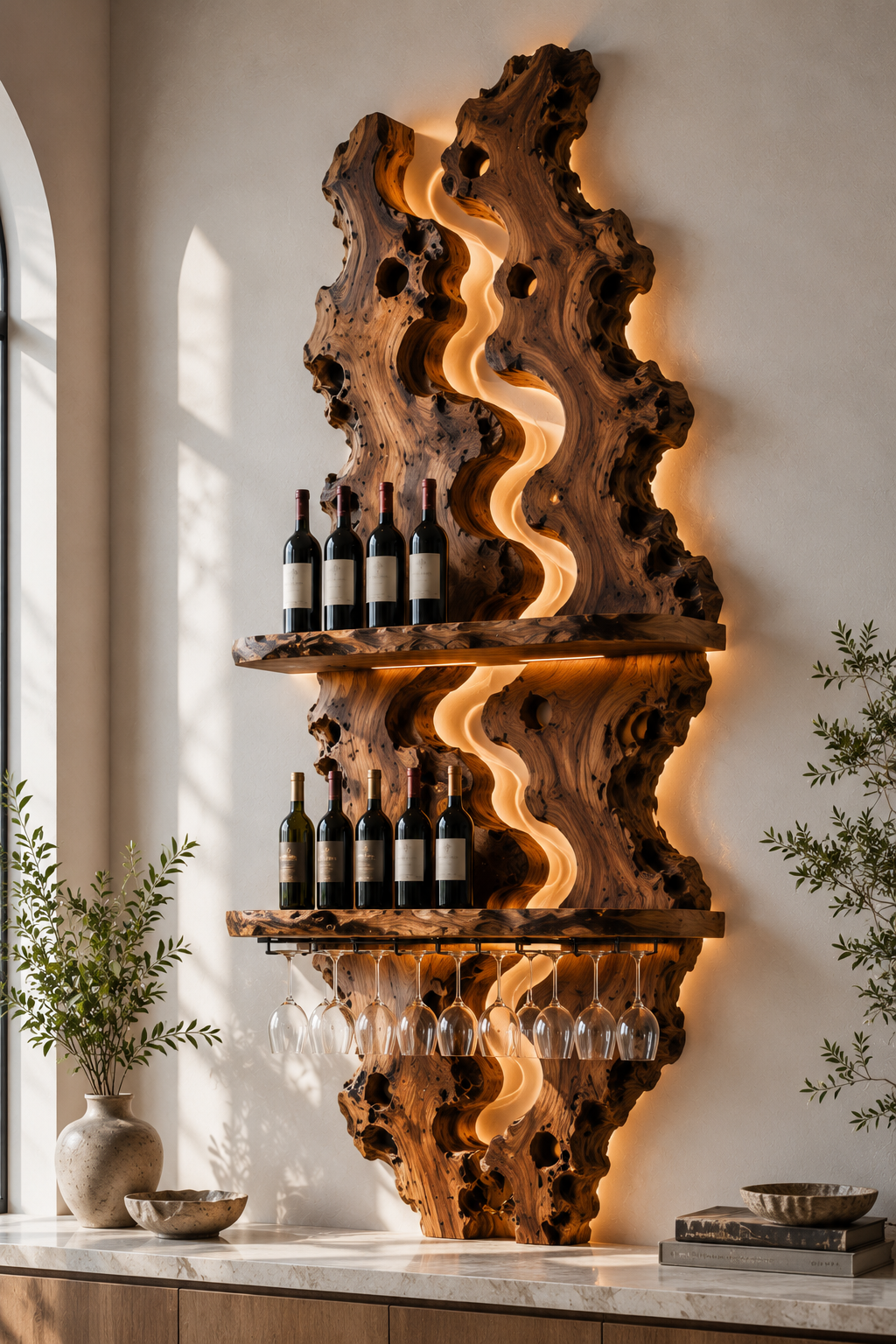 Solid Wood Wall Wine Rack with Glass Holder - River Form - main view