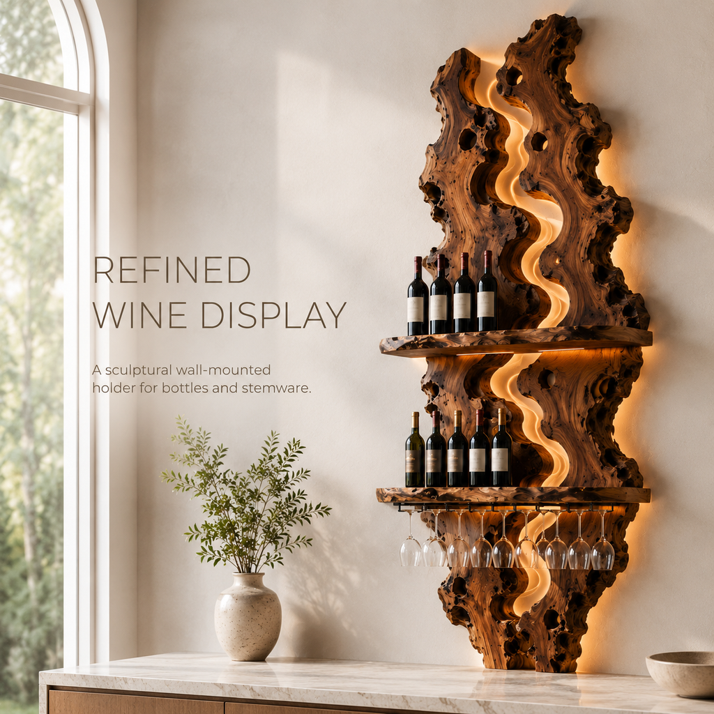 Solid Wood Wall Wine Rack with Glass Holder - River Form - product image 02