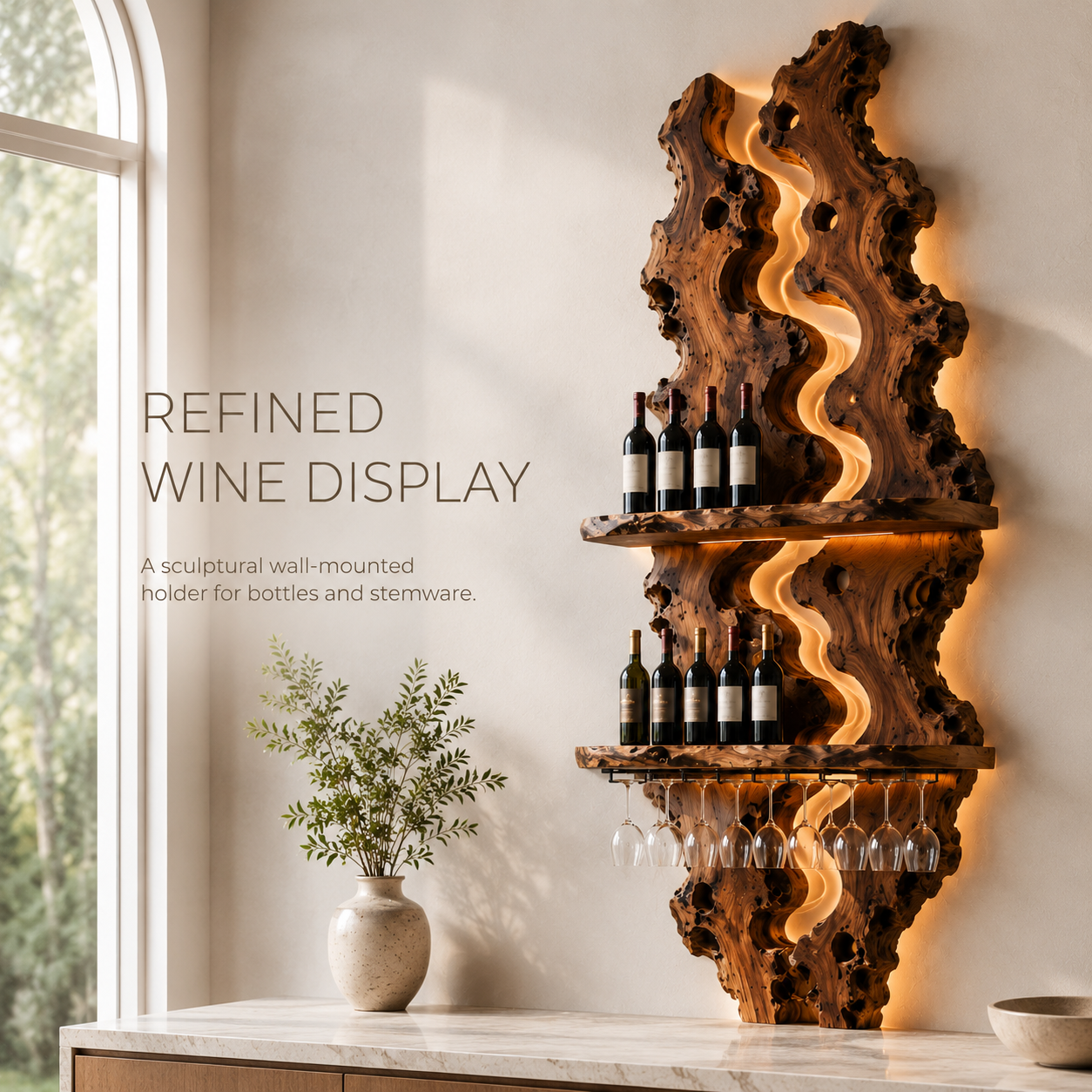 Solid Wood Wall Wine Rack with Glass Holder - River Form - product image 02