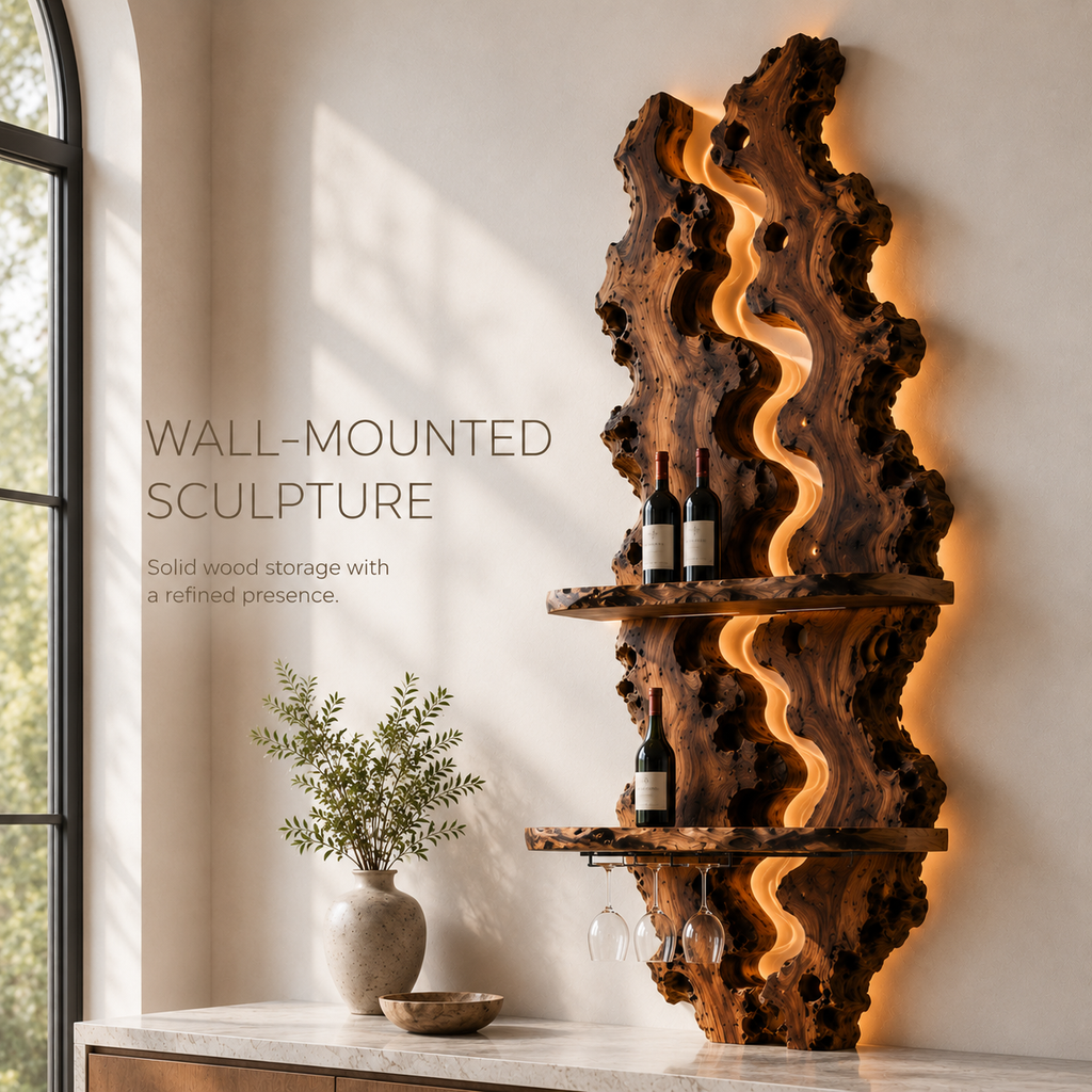 Solid Wood Wall Wine Rack with Glass Holder - River Form - product image 03
