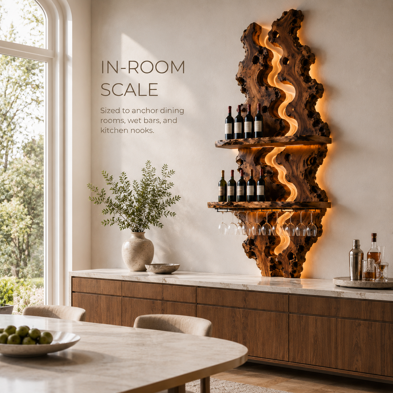Solid Wood Wall Wine Rack with Glass Holder - River Form - product image 04