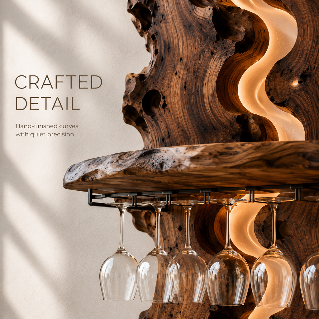 Solid Wood Wall Wine Rack with Glass Holder - River Form - product image 06