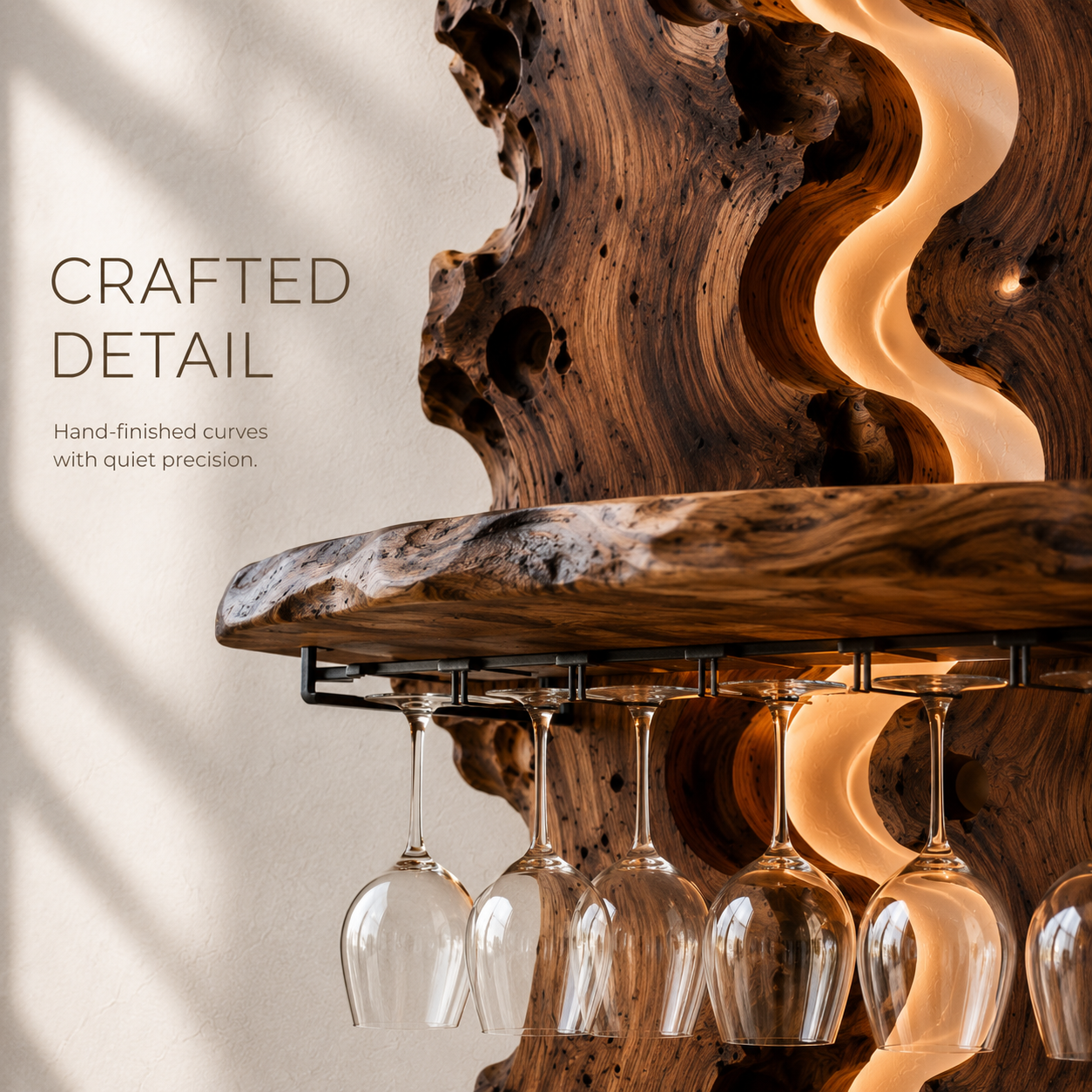 Solid Wood Wall Wine Rack with Glass Holder - River Form - product image 06