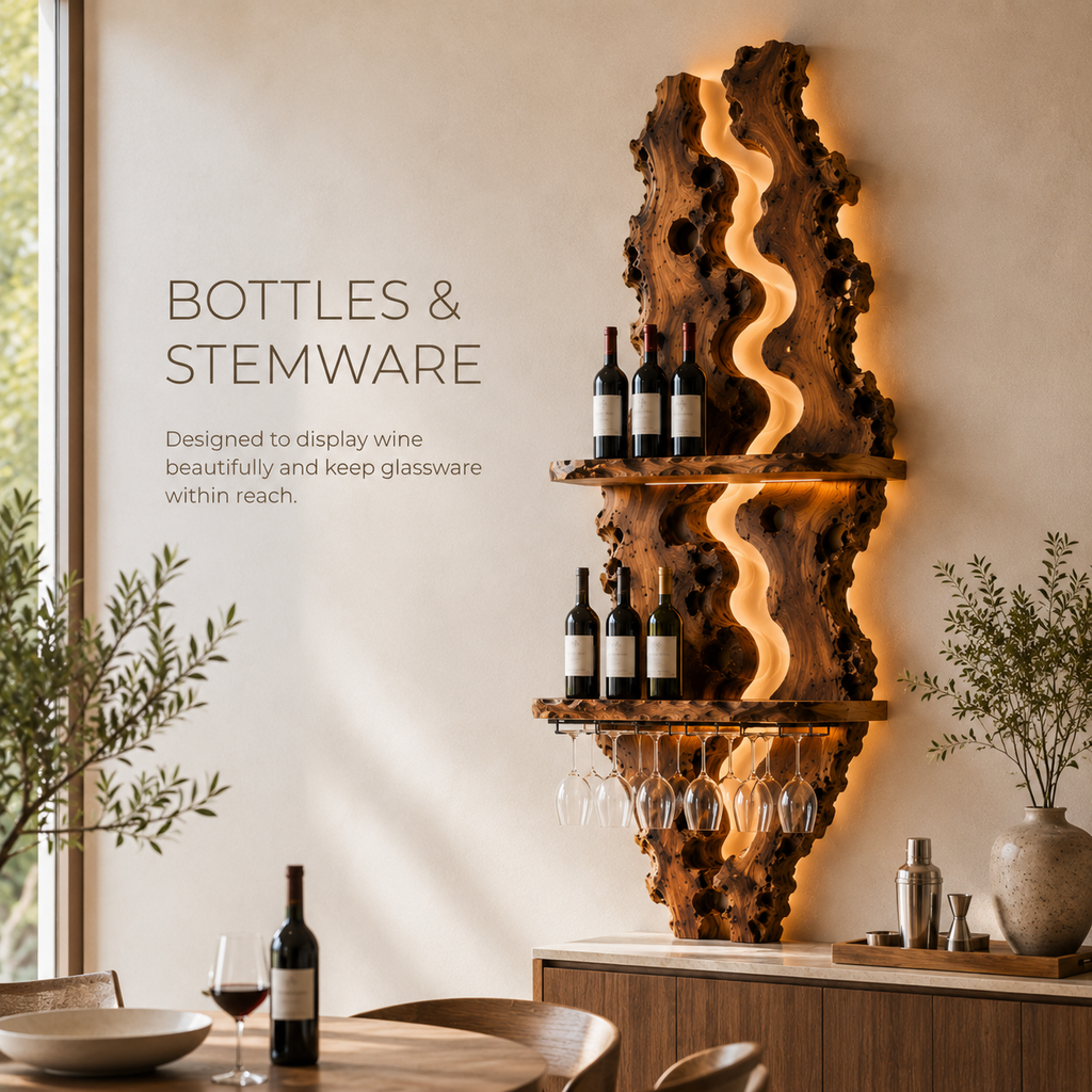 Solid Wood Wall Wine Rack with Glass Holder - River Form - product image 07