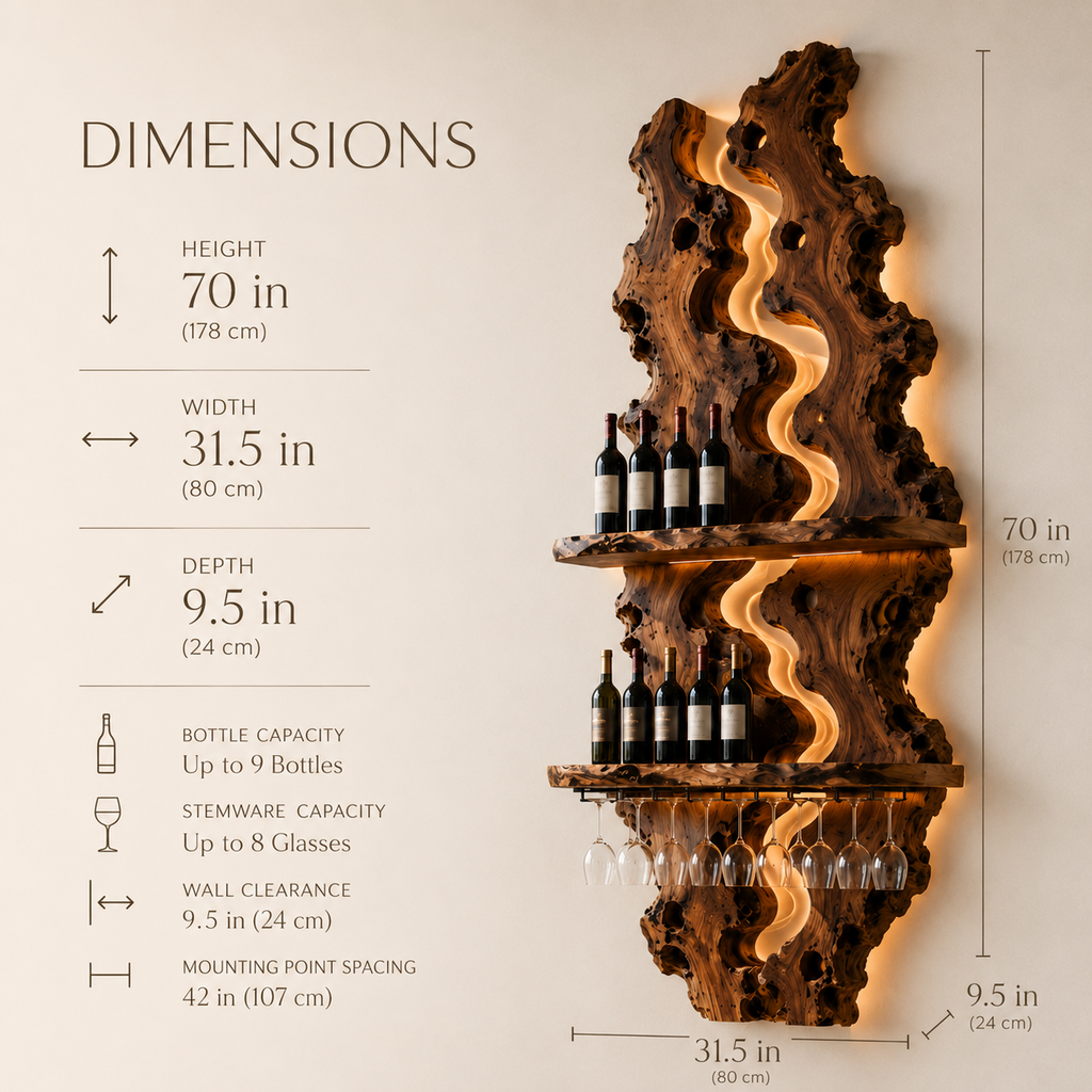 Solid Wood Wall Wine Rack with Glass Holder - River Form - product image 08