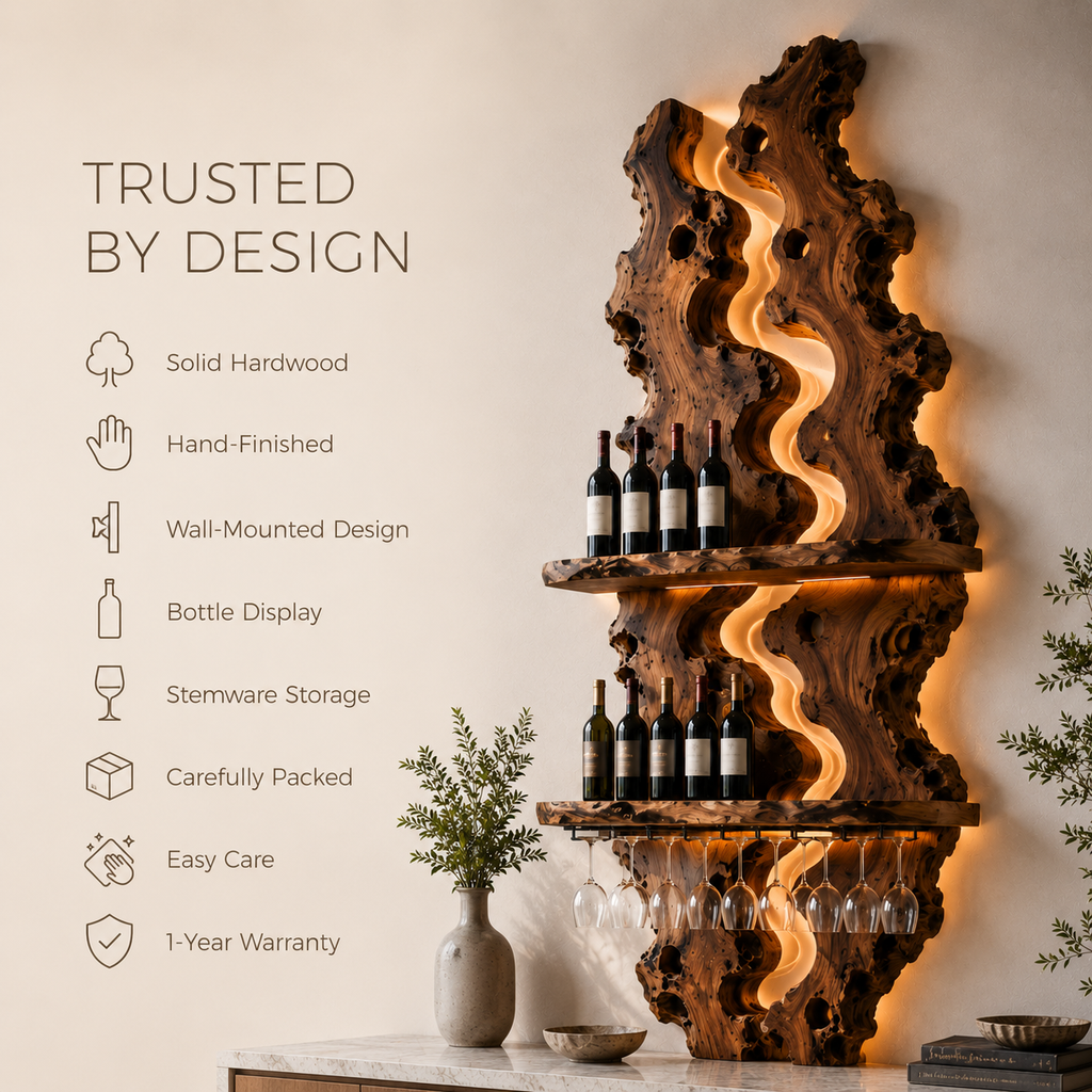 Solid Wood Wall Wine Rack with Glass Holder - River Form - product image 09