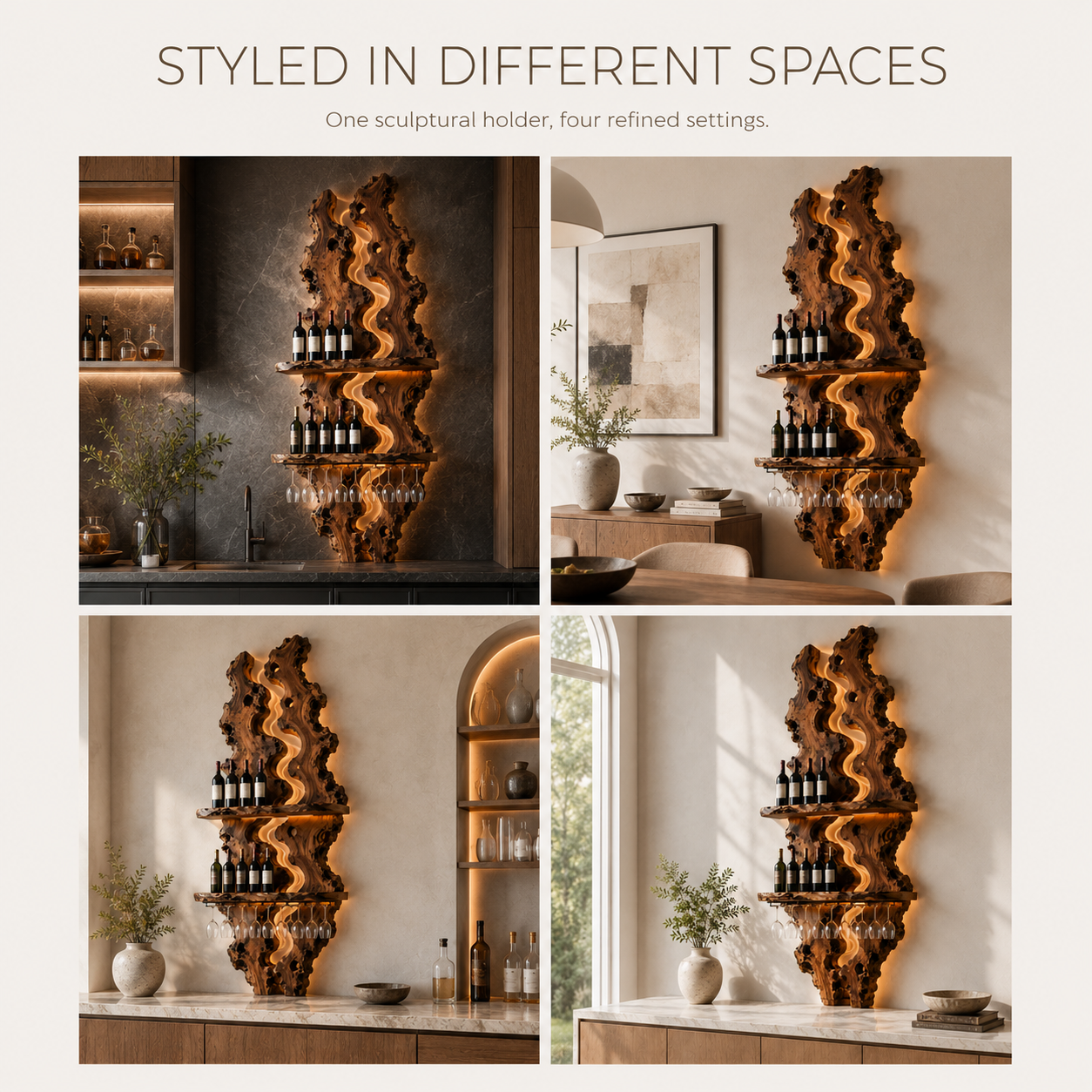 Solid Wood Wall Wine Rack with Glass Holder - River Form - product image 10