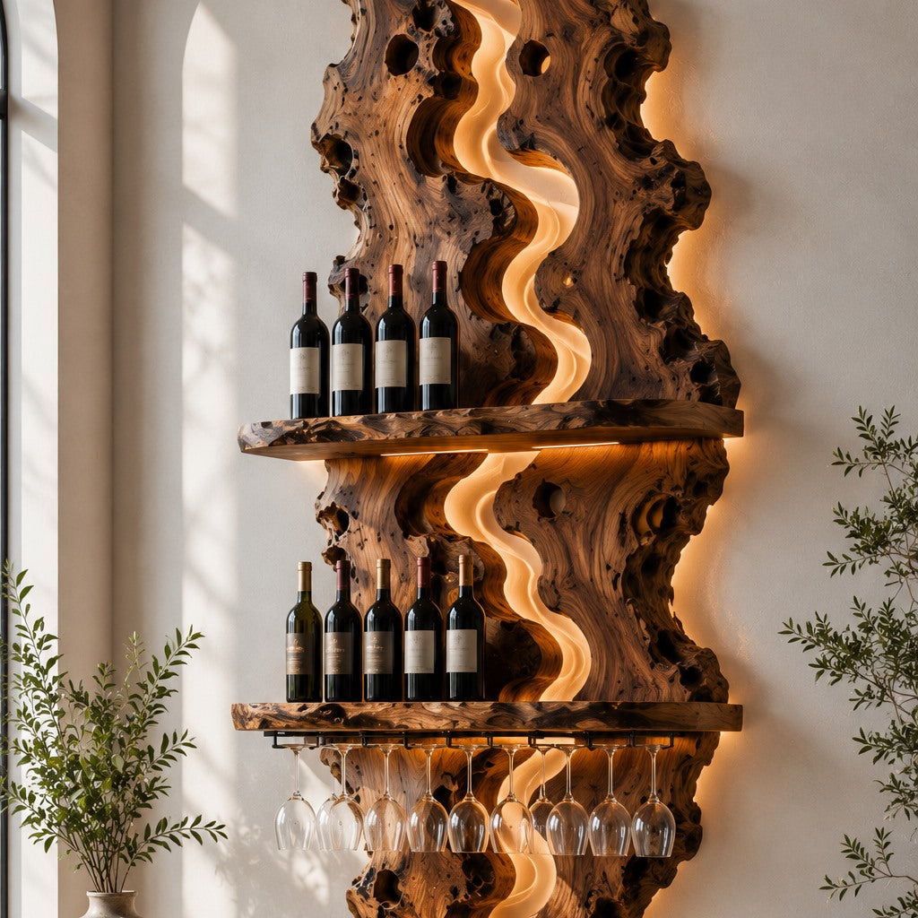 Solid Wood Wall Wine Rack with Glass Holder - River Form - Design 209 - square cover image