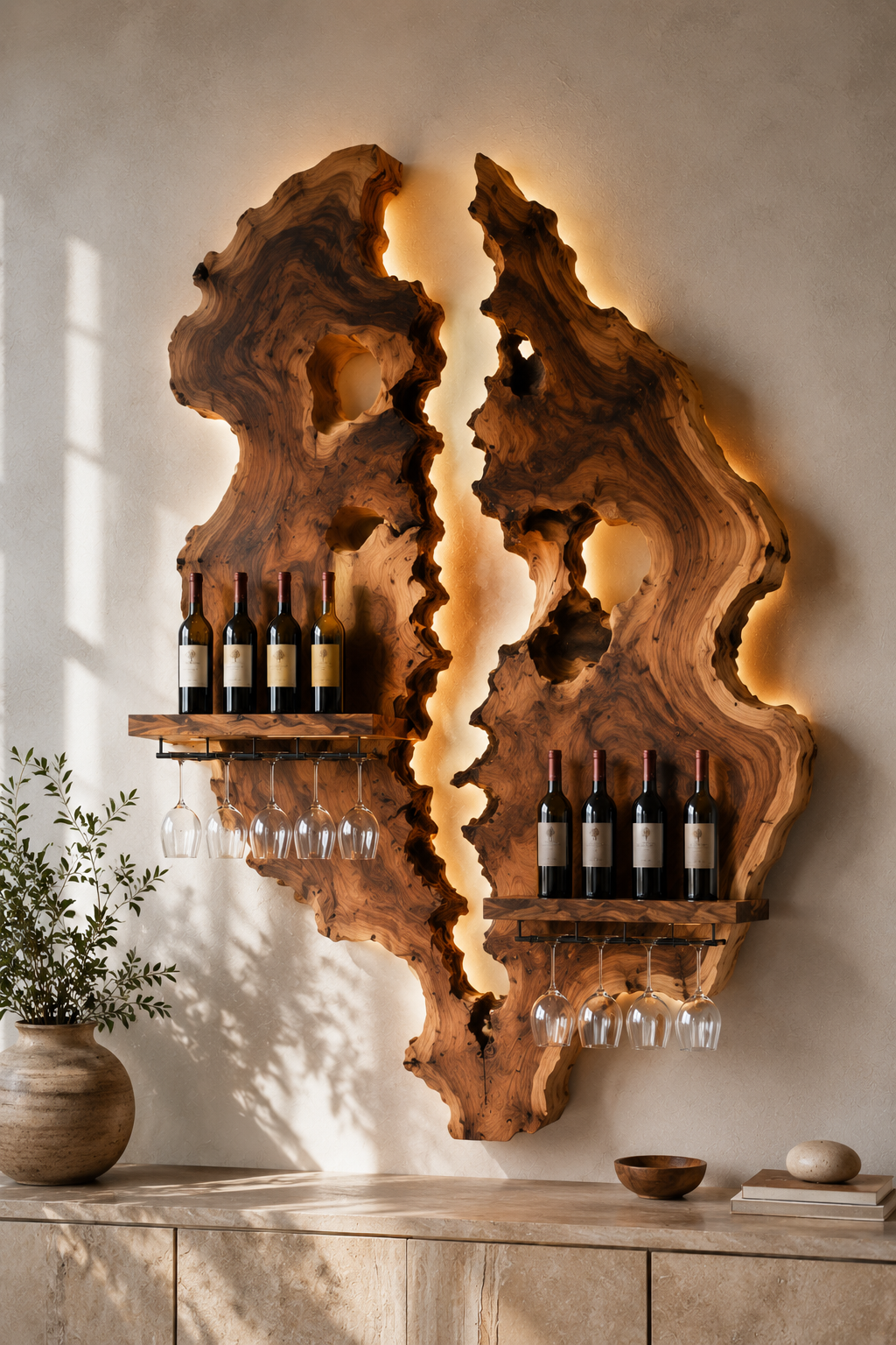 Solid Wood Wall Wine Rack with Glass Holder - Cellular Display - main view