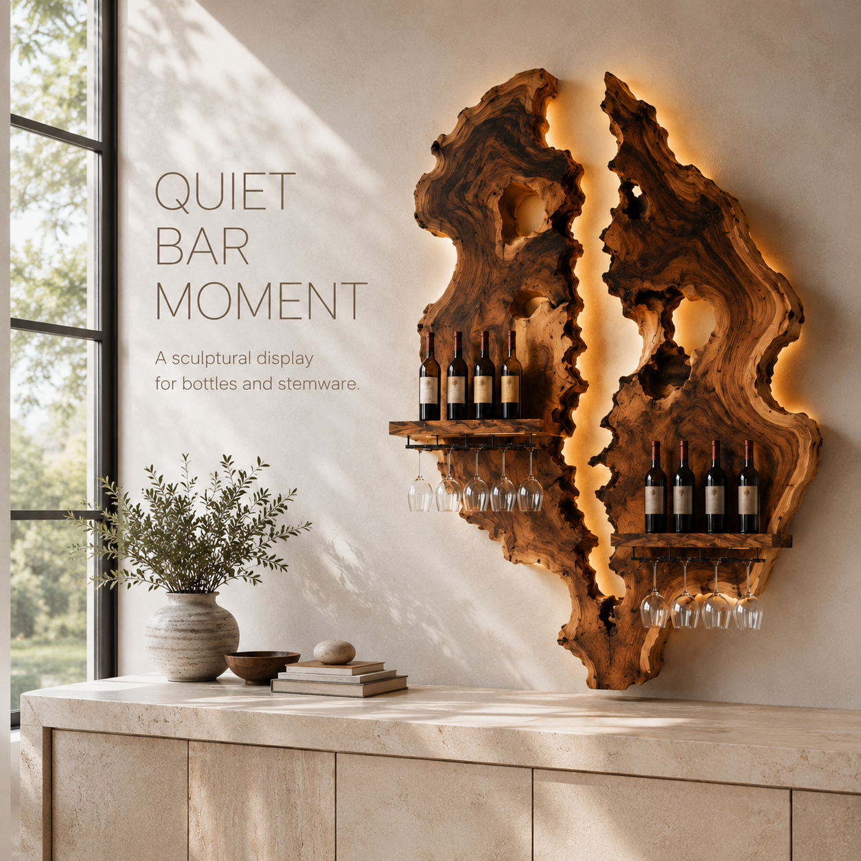 Solid Wood Wall Wine Rack with Glass Holder - Cellular Display - product image 02