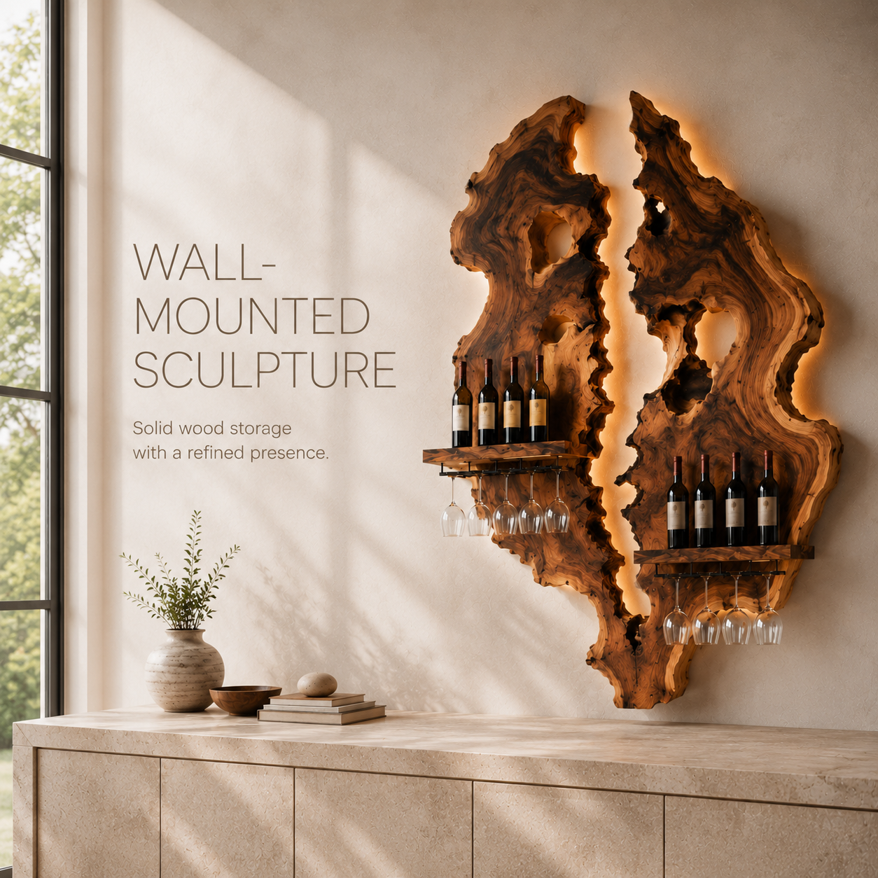 Solid Wood Wall Wine Rack with Glass Holder - Cellular Display - product image 03