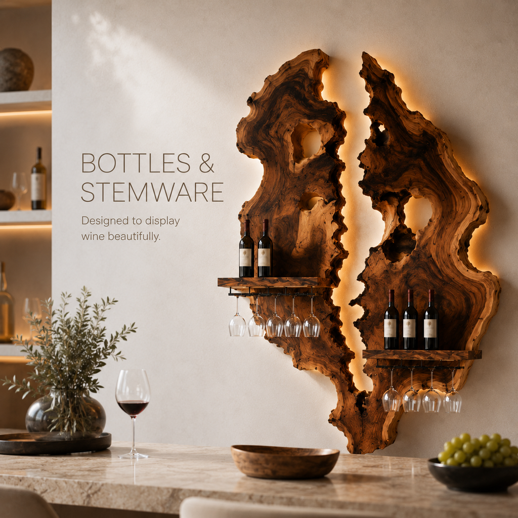 Solid Wood Wall Wine Rack with Glass Holder - Cellular Display - product image 07