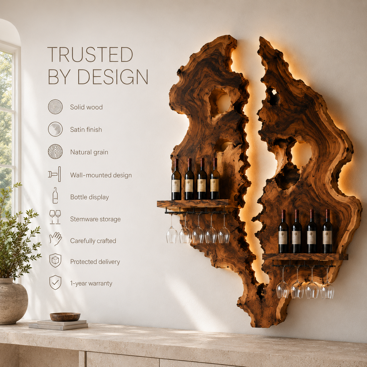 Solid Wood Wall Wine Rack with Glass Holder - Cellular Display - product image 09