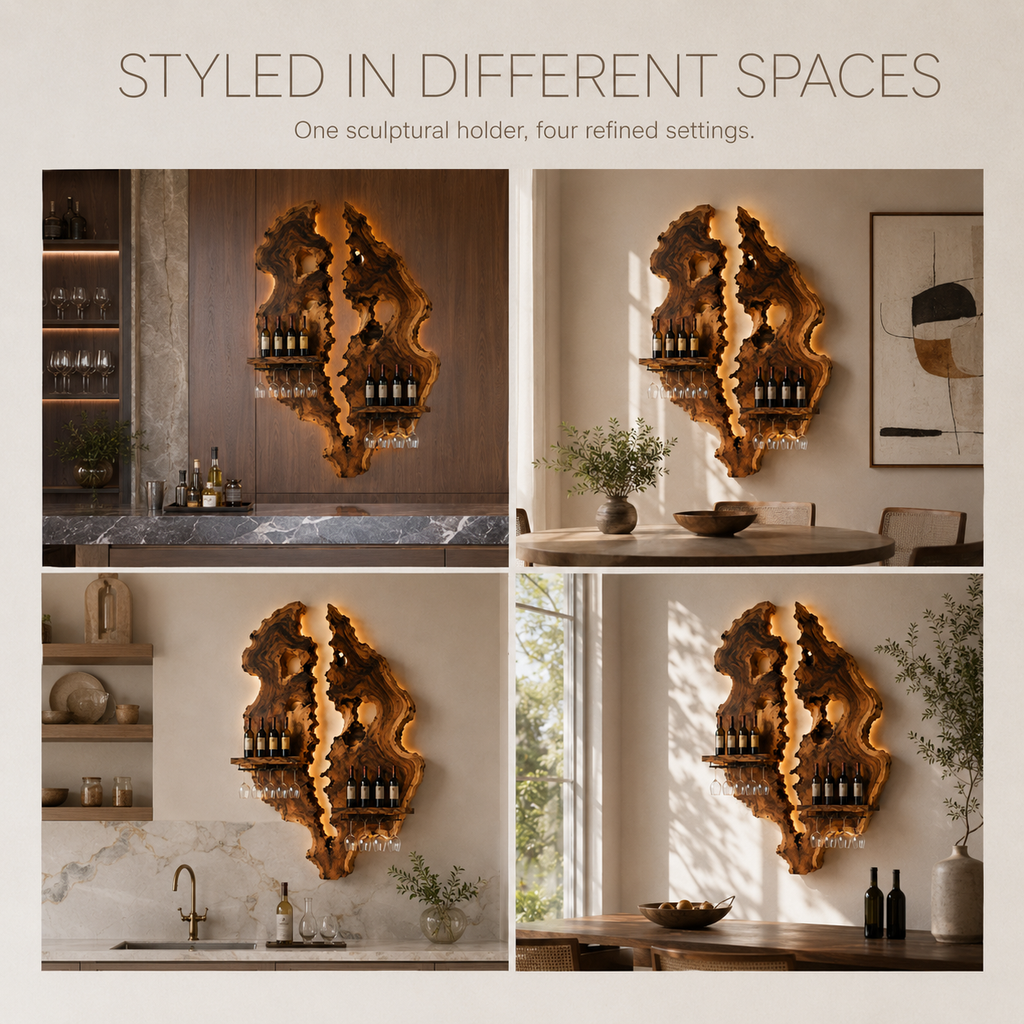 Solid Wood Wall Wine Rack with Glass Holder - Cellular Display - product image 10