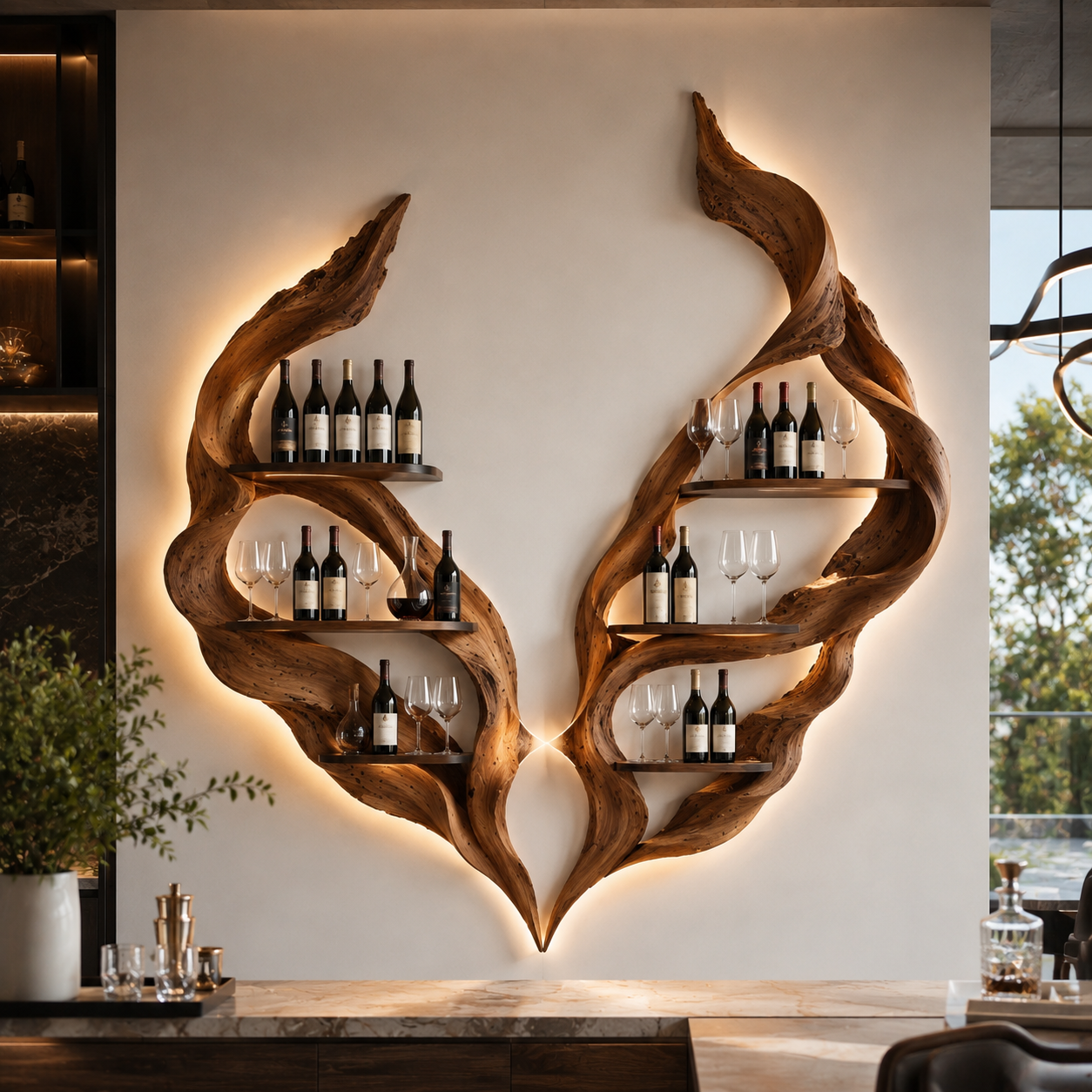 Solid Wood Wall Wine Rack with Glass Holder - Gallery Wave - main view