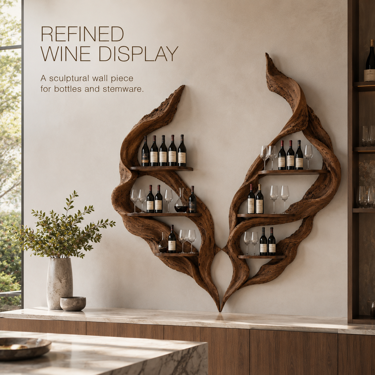 Solid Wood Wall Wine Rack with Glass Holder - Gallery Wave - product image 02
