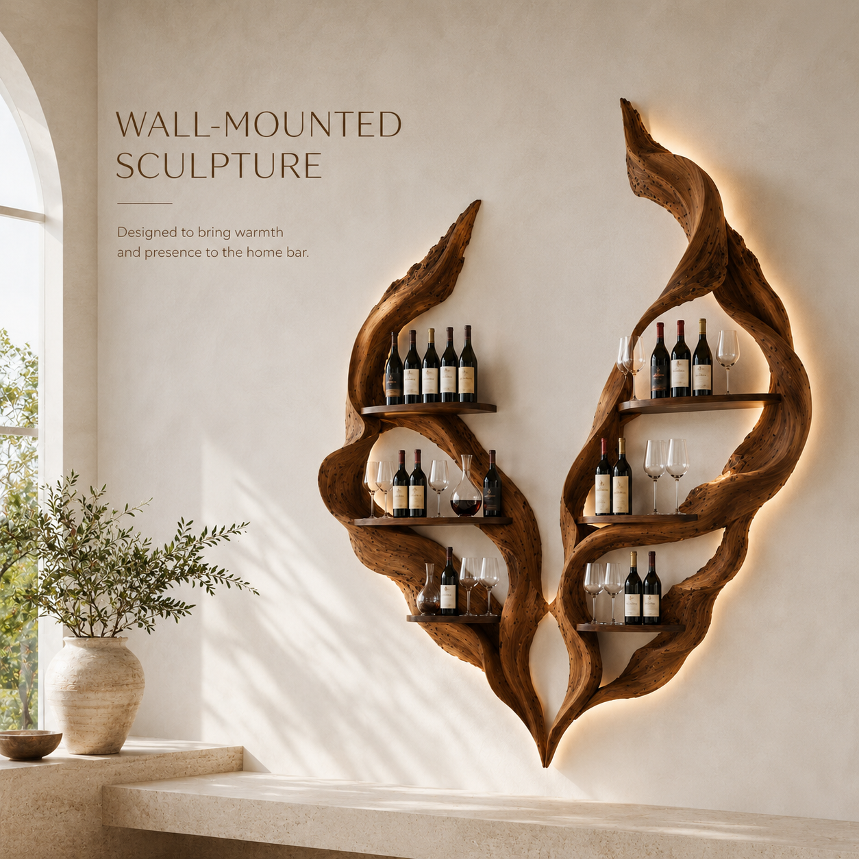 Solid Wood Wall Wine Rack with Glass Holder - Gallery Wave - product image 03