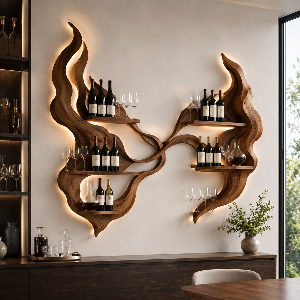 Solid Wood Wall Wine Rack with Glass Holder - Carved Halo - main view