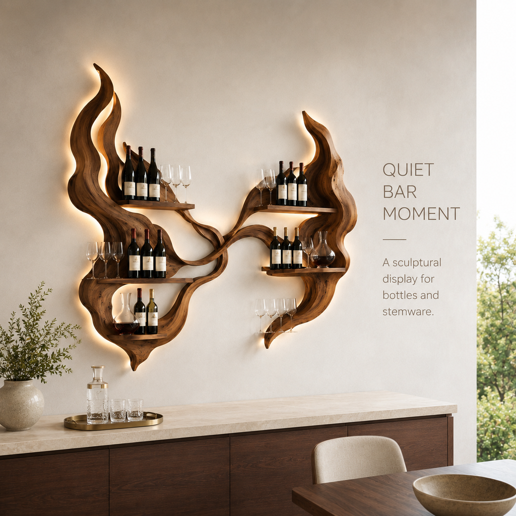 Solid Wood Wall Wine Rack with Glass Holder - Carved Halo - product image 02