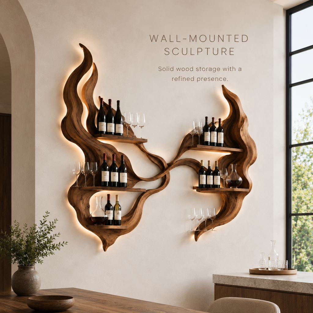 Solid Wood Wall Wine Rack with Glass Holder - Carved Halo - product image 03