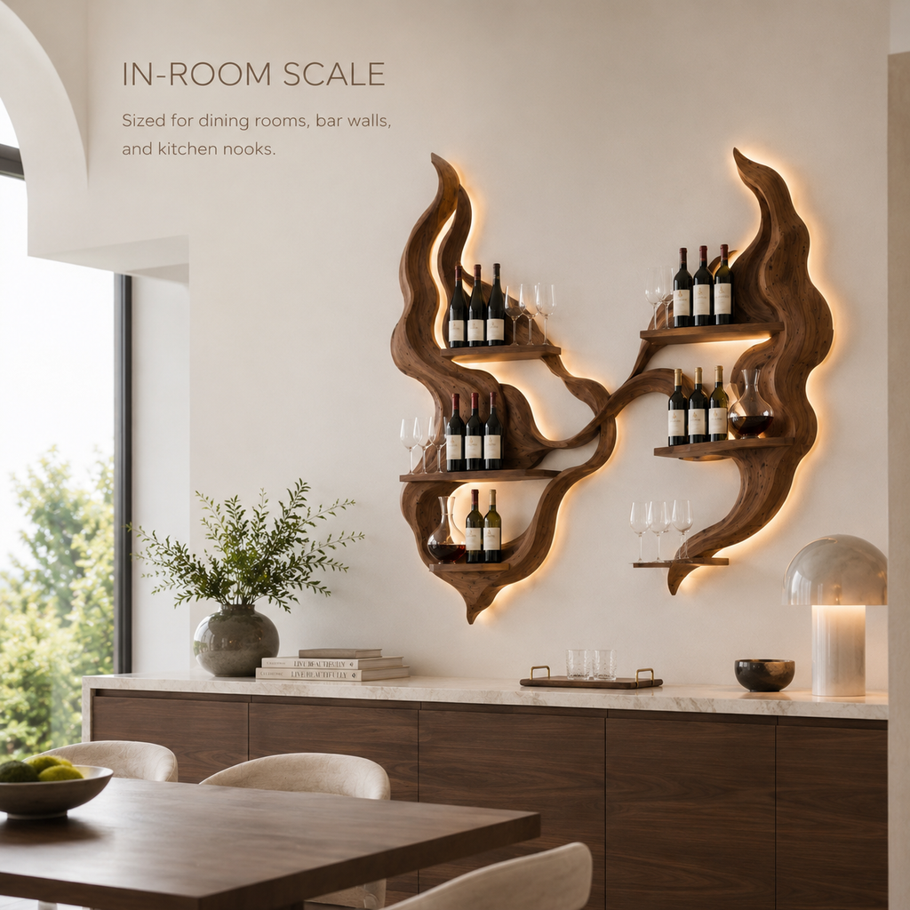 Solid Wood Wall Wine Rack with Glass Holder - Carved Halo - product image 04