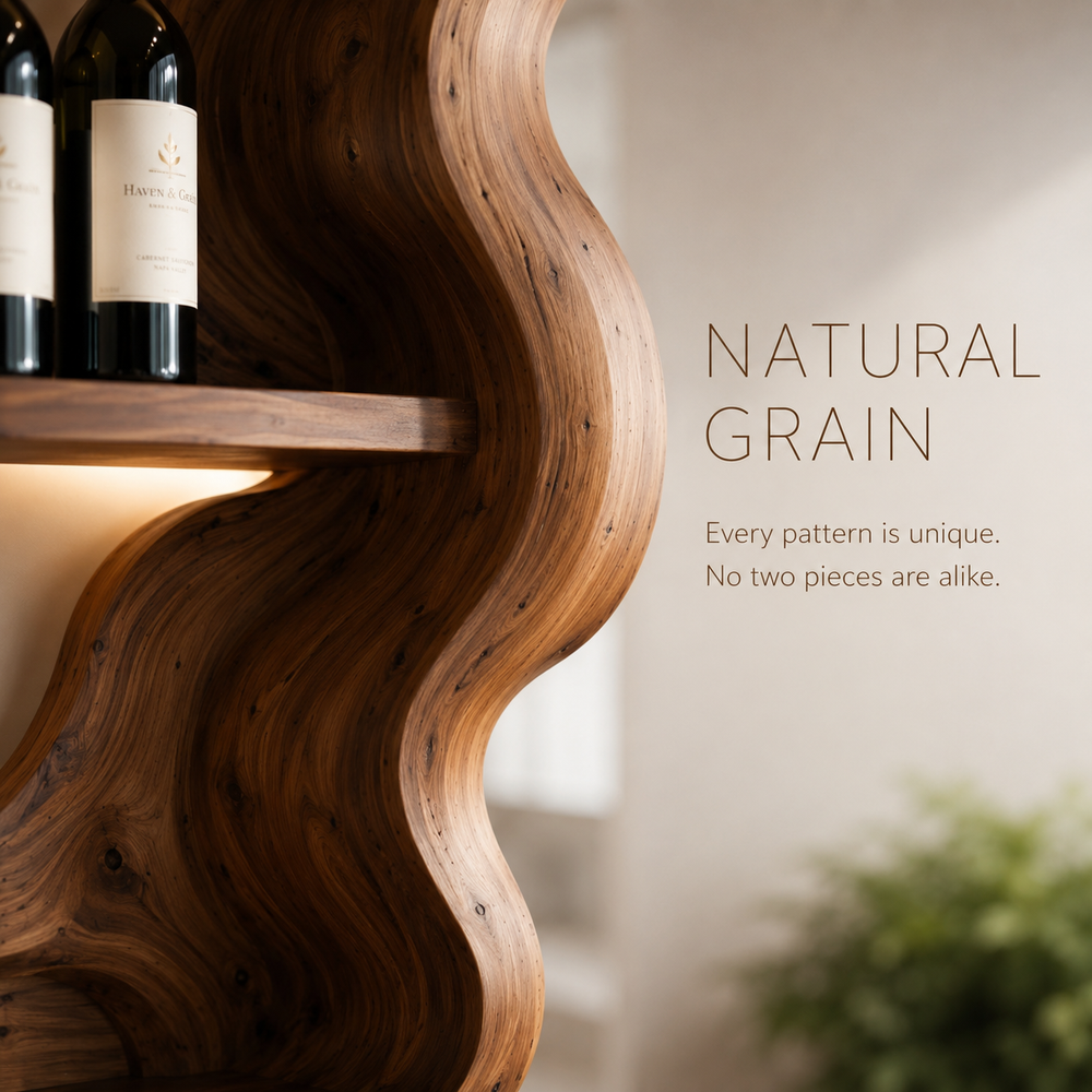 Solid Wood Wall Wine Rack with Glass Holder - Carved Halo - product image 05