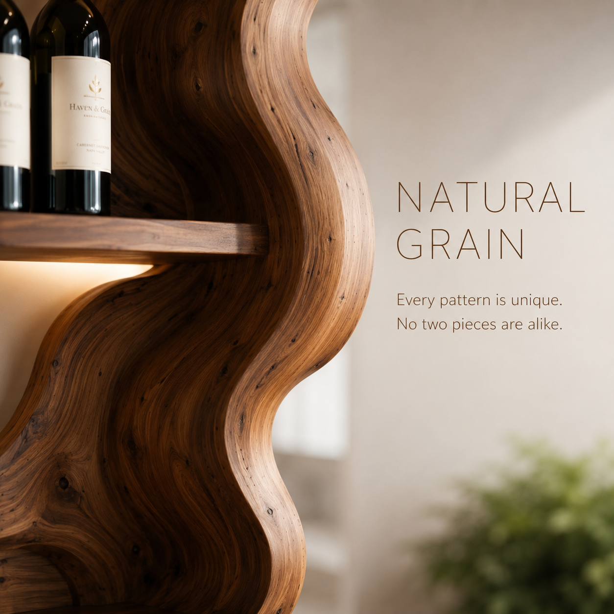 Solid Wood Wall Wine Rack with Glass Holder - Carved Halo - product image 05