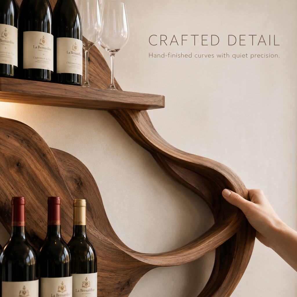 Solid Wood Wall Wine Rack with Glass Holder - Carved Halo - product image 06