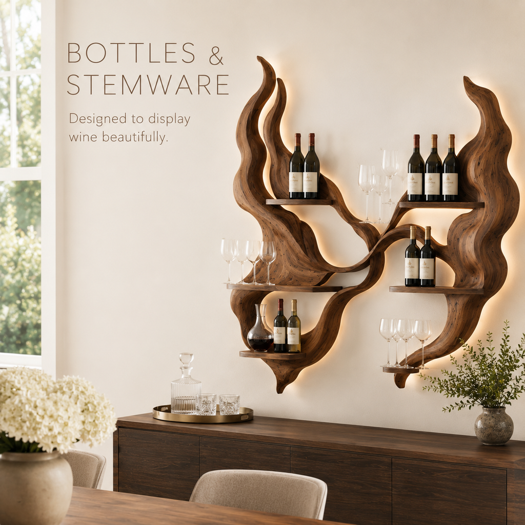 Solid Wood Wall Wine Rack with Glass Holder - Carved Halo - product image 07
