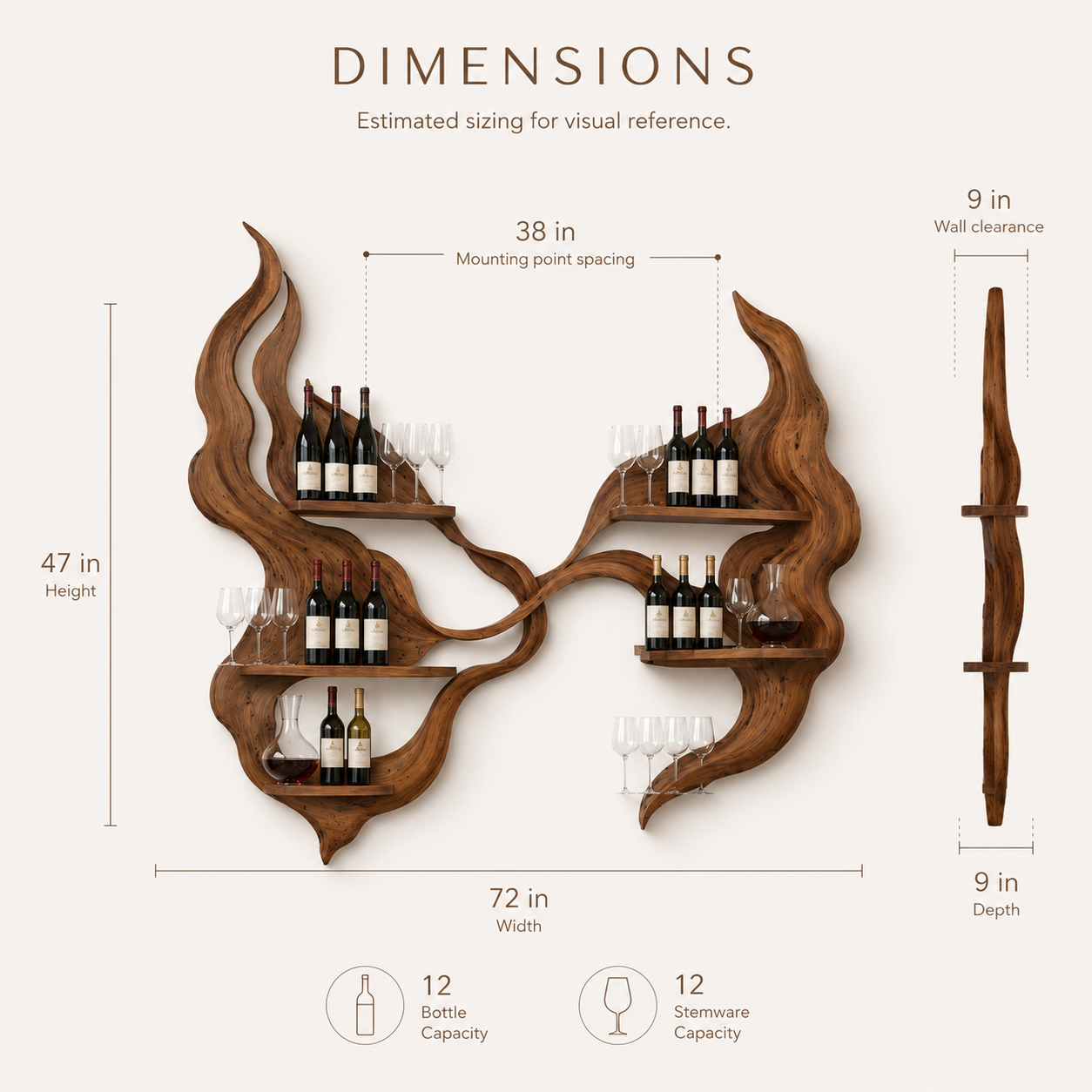Solid Wood Wall Wine Rack with Glass Holder - Carved Halo - product image 08