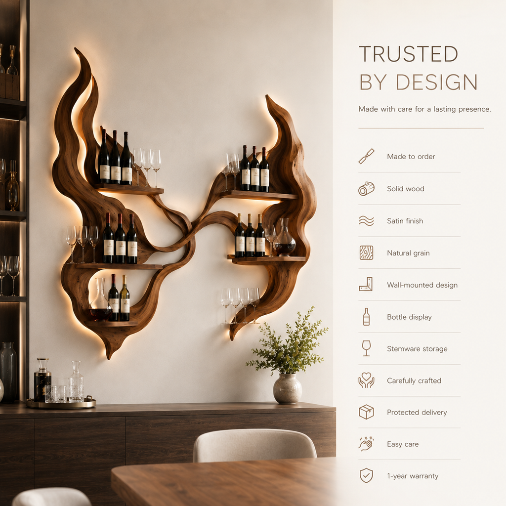 Solid Wood Wall Wine Rack with Glass Holder - Carved Halo - product image 09