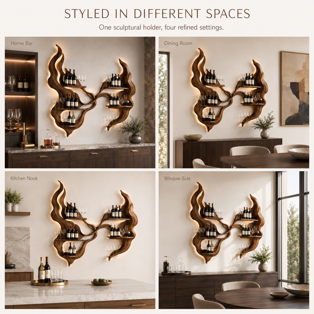Solid Wood Wall Wine Rack with Glass Holder - Carved Halo - product image 10