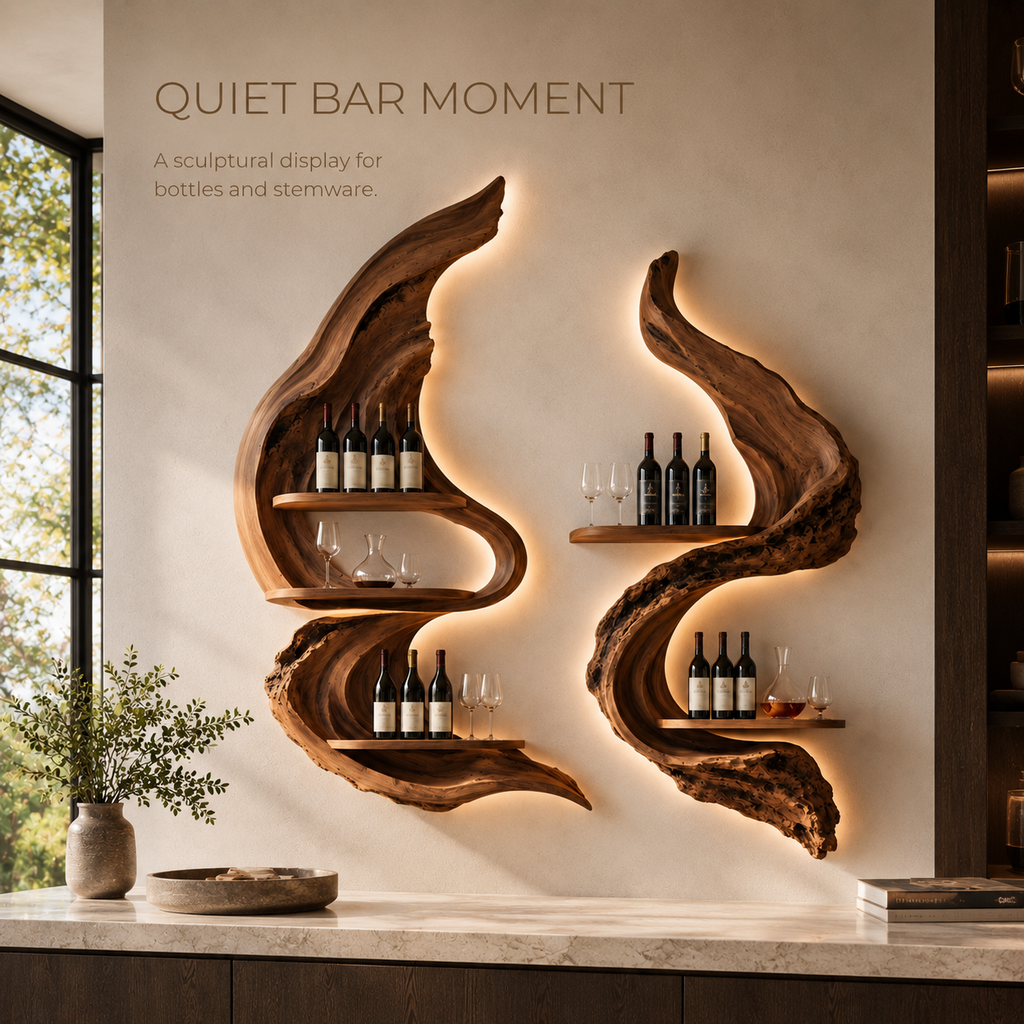 Solid Wood Wall Wine Rack with Glass Holder - Root Form - product image 02