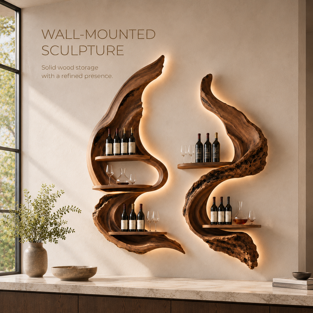 Solid Wood Wall Wine Rack with Glass Holder - Root Form - product image 03
