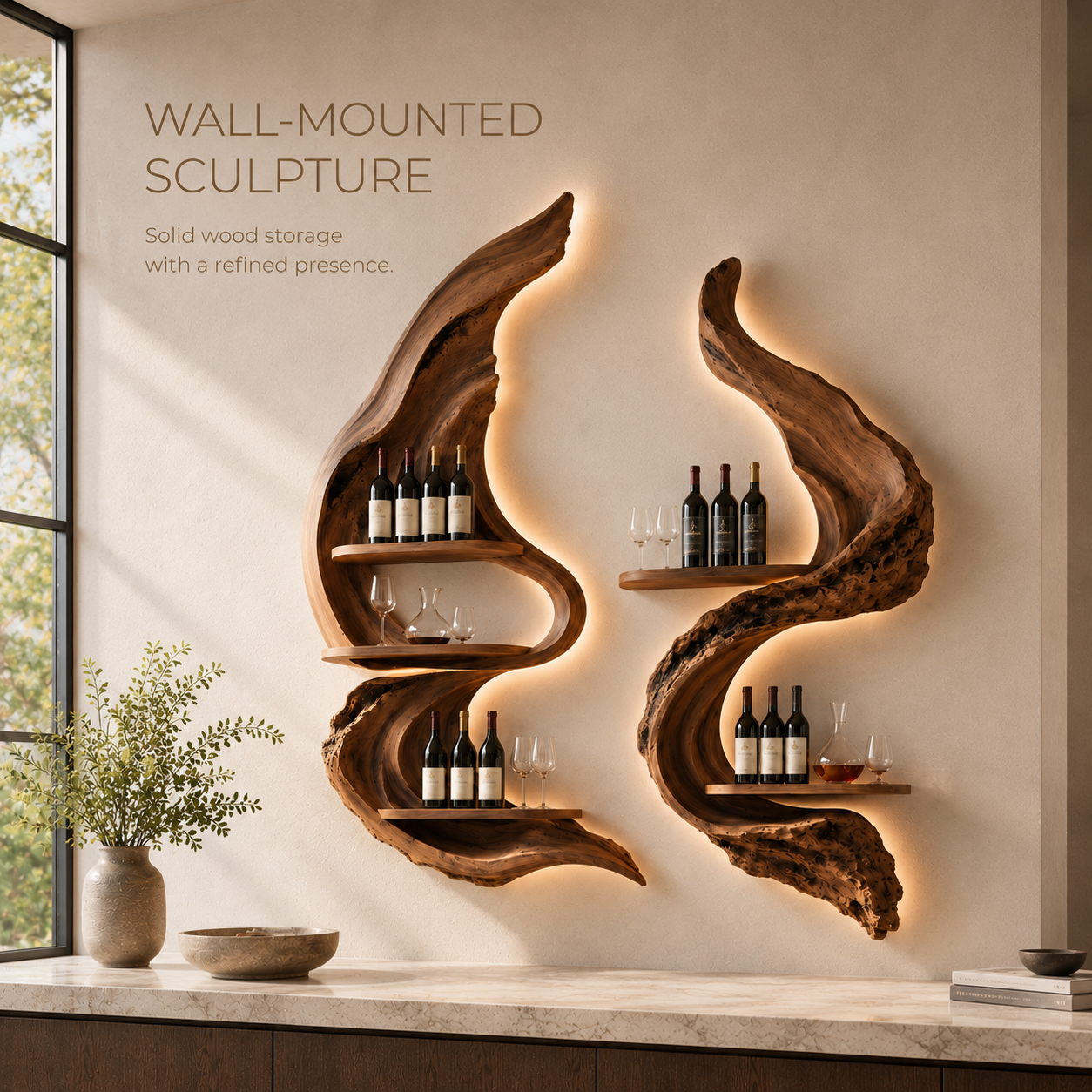 Solid Wood Wall Wine Rack with Glass Holder - Root Form - product image 03