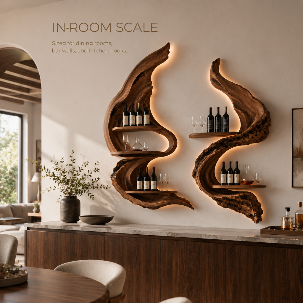 Solid Wood Wall Wine Rack with Glass Holder - Root Form - product image 04