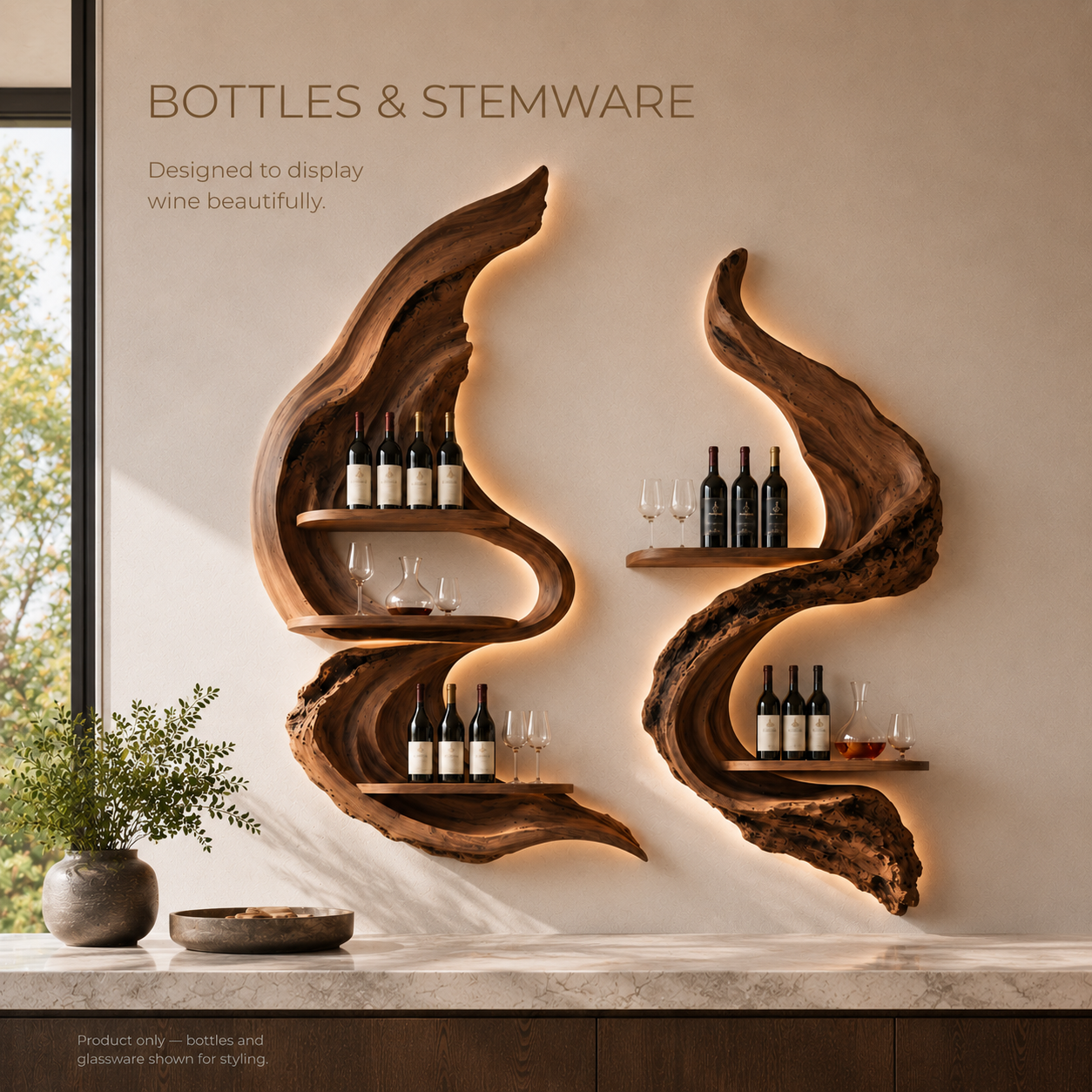 Solid Wood Wall Wine Rack with Glass Holder - Root Form - product image 07