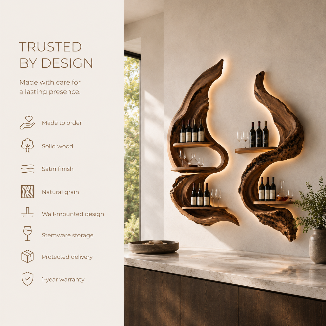Solid Wood Wall Wine Rack with Glass Holder - Root Form - product image 09