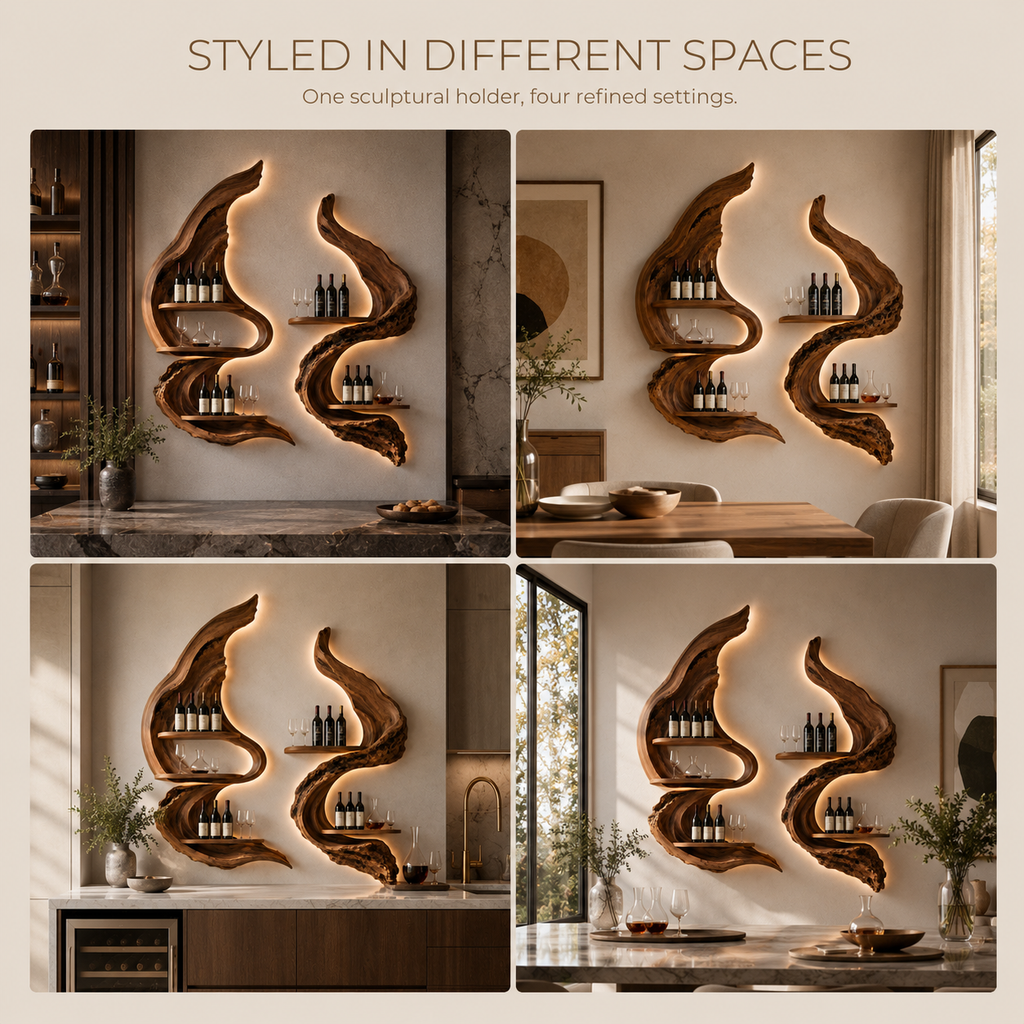Solid Wood Wall Wine Rack with Glass Holder - Root Form - product image 10