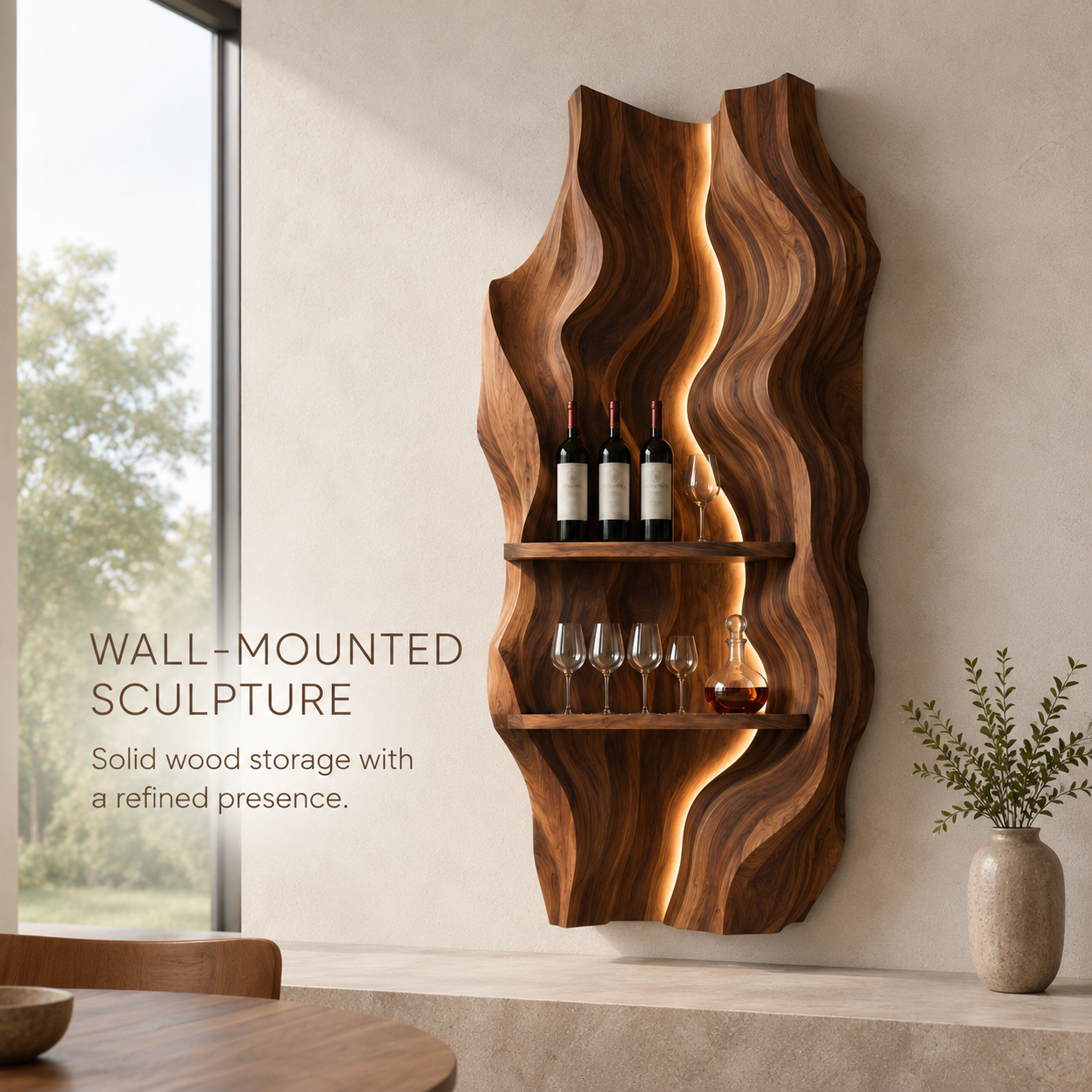 Solid Wood Wall Wine Rack with Glass Holder - Architectural Slab - product image 03