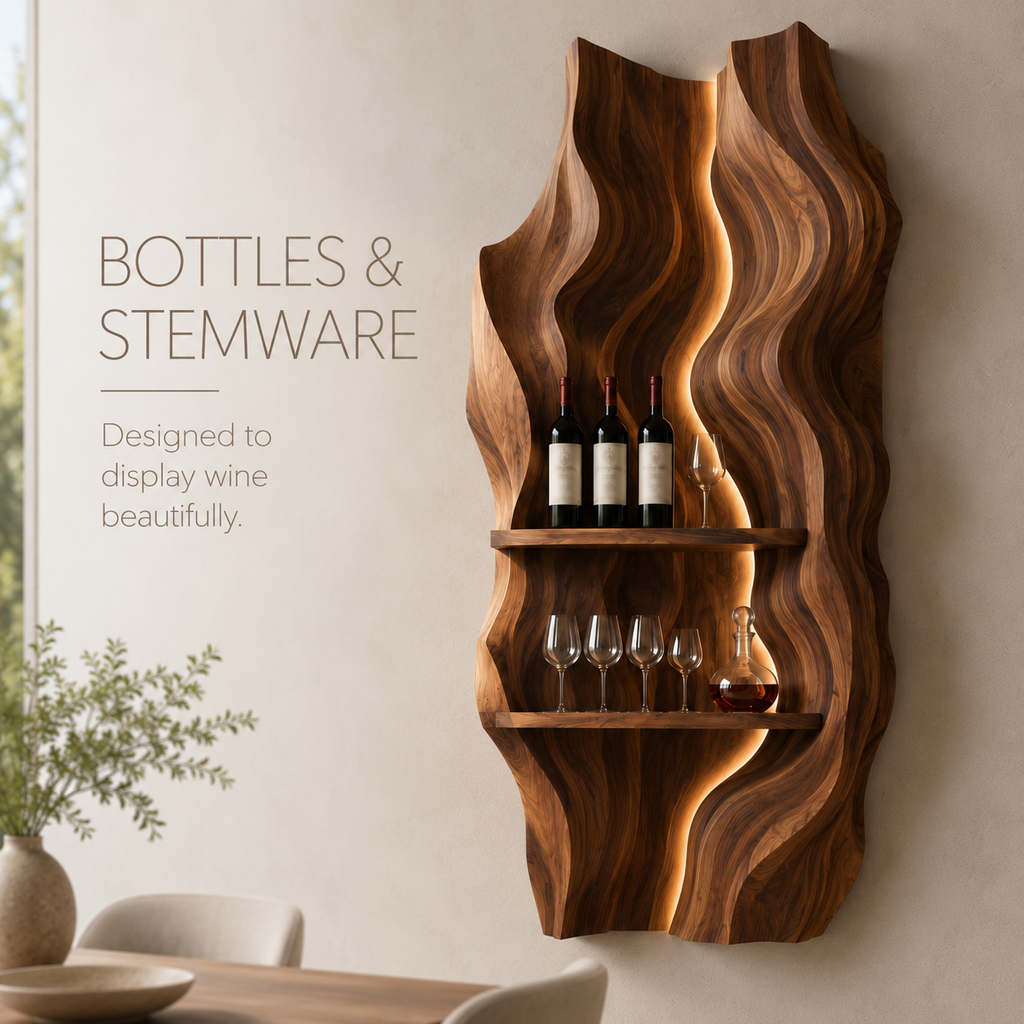 Solid Wood Wall Wine Rack with Glass Holder - Architectural Slab - product image 07