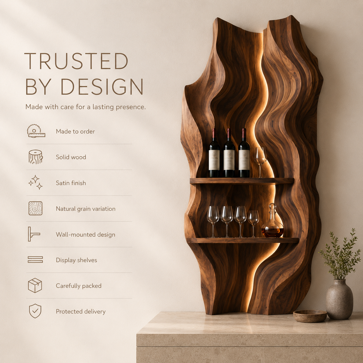 Solid Wood Wall Wine Rack with Glass Holder - Architectural Slab - product image 09