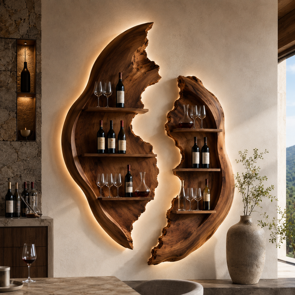 Solid Wood Wall Wine Rack with Glass Holder - Driftwood Curve - main view